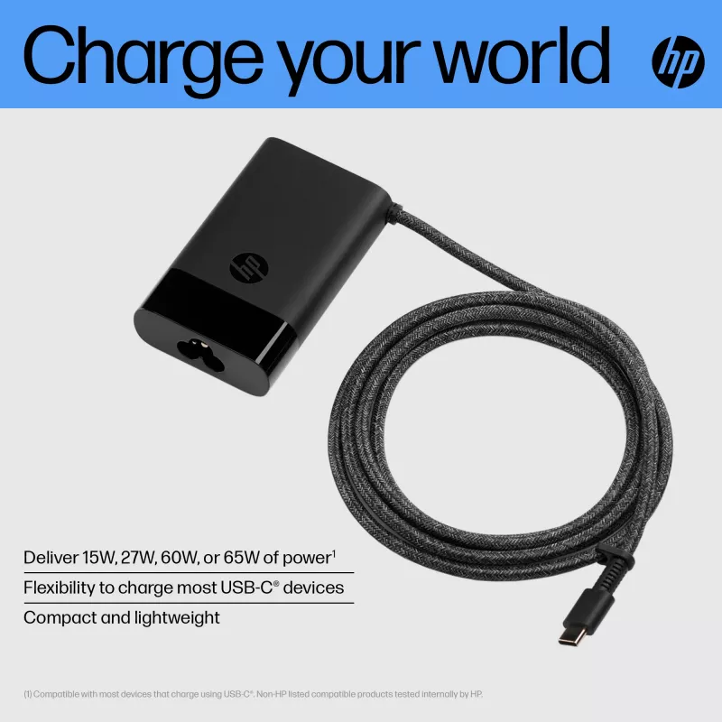 Carregador de portátil HP USB-C 65W, portátil, interior, 90 V, 65 W, 5 – 20 V, 1,6 A