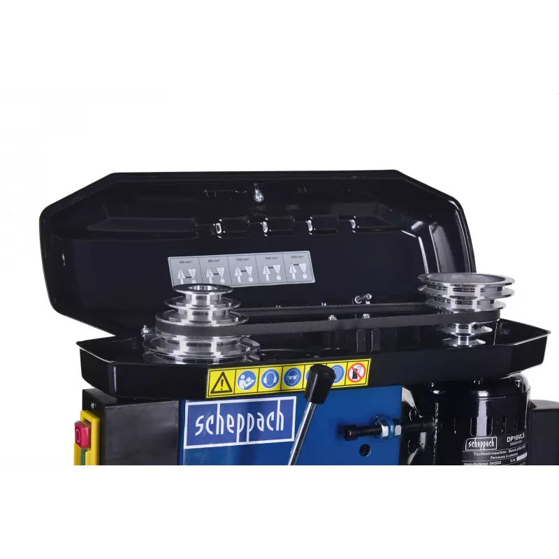 Berbequim de coluna Scheppach DP16VLS 500W, caixa em aço, 230–240V, 2500 rpm, bucha de 13 mm, 600×220×435 mm