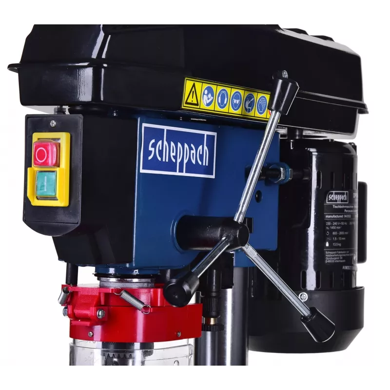 Berbequim de coluna Scheppach DP16VLS 500W, caixa em aço, 230–240V, 2500 rpm, bucha de 13 mm, 600×220×435 mm