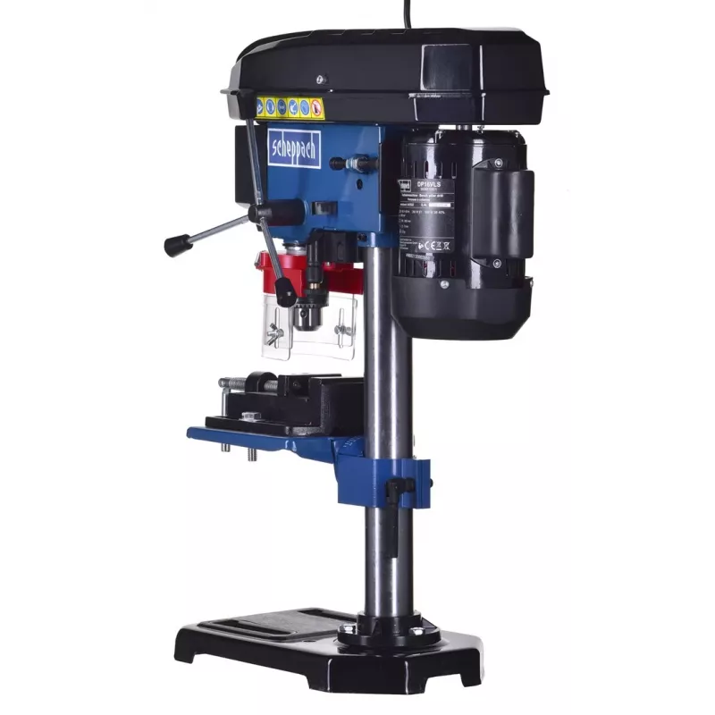 Berbequim de coluna Scheppach DP16VLS 500W, caixa em aço, 230–240V, 2500 rpm, bucha de 13 mm, 600×220×435 mm