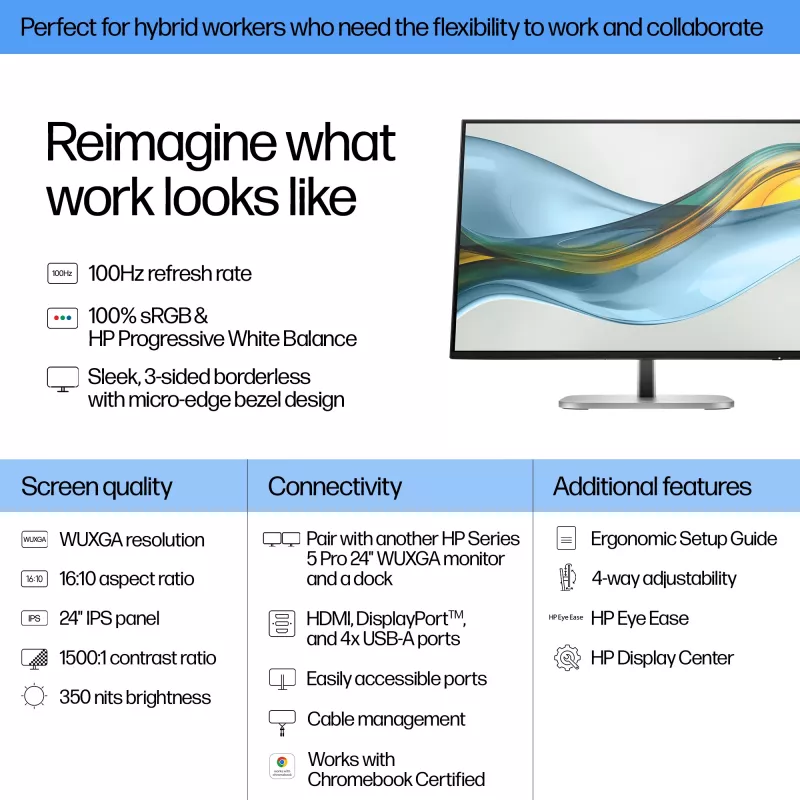 HP Series 5 Pro 24 polegadas WUXGA monitor - 524pn, 61 cm (24 polegadas), WUXGA, LCD, 5 ms, preto (recondicionado)