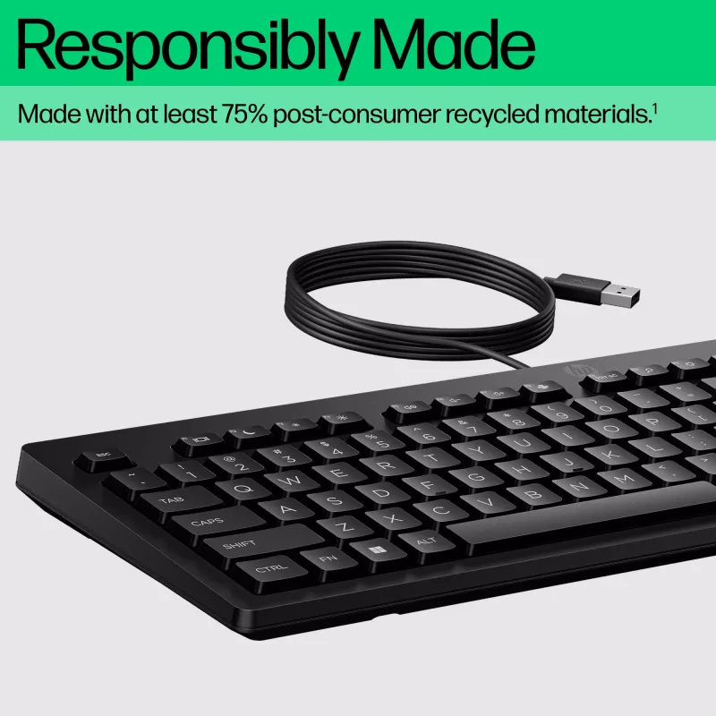 Teclado USB com fios HP 125 G2 — layout compacto tamanho completo HP, porta USB, teclas rasas