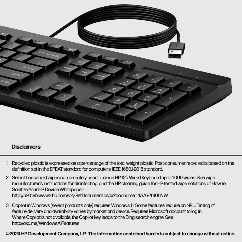 Teclado USB com fios HP 125 G2 — layout compacto tamanho completo HP, porta USB, teclas rasas