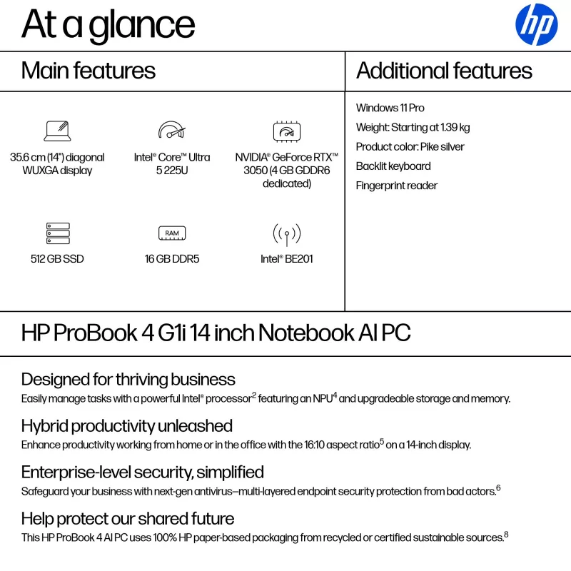 Portátil HP ProBook 4 G1i AI PC 14 polegadas Intel Core Ultra 5 16 GB 512 GB Intel Graphics Windows 11 Pro