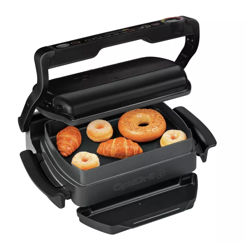 Grelhador de contacto Tefal GC7148 — 2000 W, caixa em aço inoxidável, retangular, termostato ajustável, superfície de grelhar, 365×365×175 mm