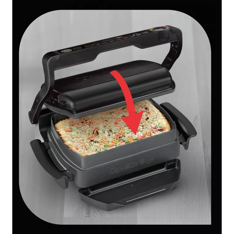 Grelhador de contacto Tefal GC7148 — 2000 W, caixa em aço inoxidável, retangular, termostato ajustável, superfície de grelhar, 365×365×175 mm
