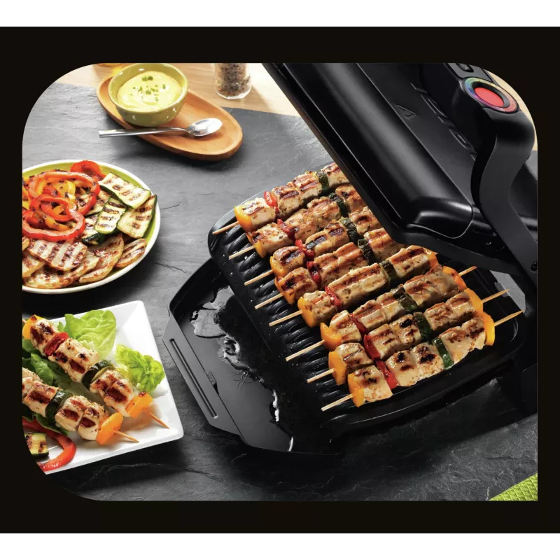 Grelhador de contacto Tefal GC7148 — 2000 W, caixa em aço inoxidável, retangular, termostato ajustável, superfície de grelhar, 365×365×175 mm
