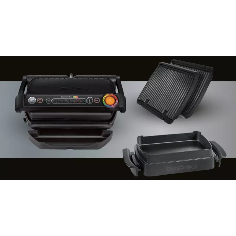 Grelhador de contacto Tefal GC7148 — 2000 W, caixa em aço inoxidável, retangular, termostato ajustável, superfície de grelhar, 365×365×175 mm