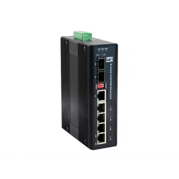 Switch industrial Gigabit LevelOne 6 portas, 1 x SFP, 1 x SFP/RJ45 combo, -40 °C a 75 °C, calha DIN
