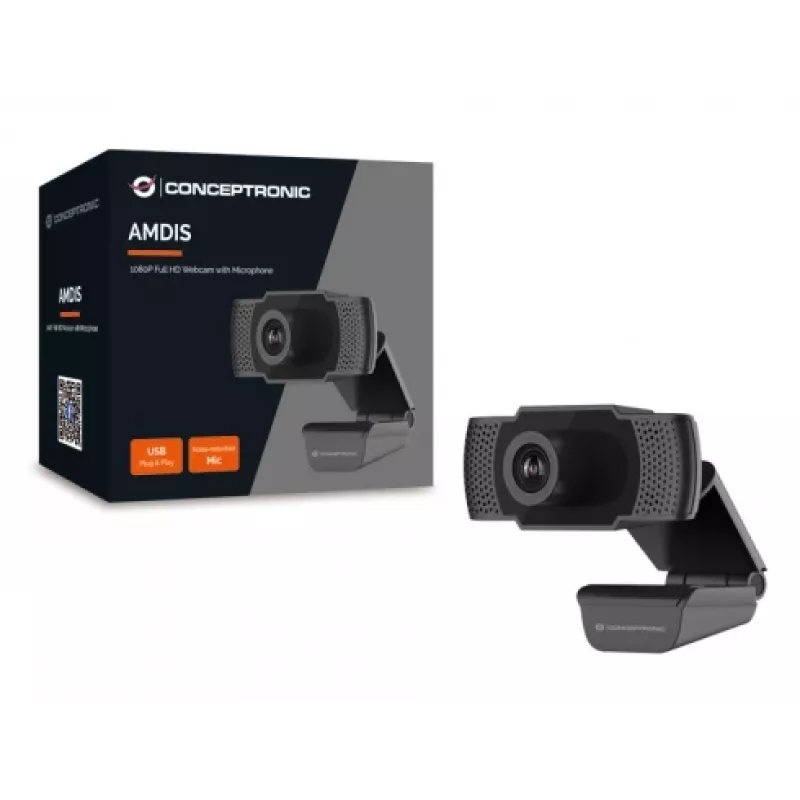 Webcam Conceptronic AMDIS 1080P Full HD com microfone, 2 MP, 1920 x 1080 píxeis, Full HD, 30 fps, 1280x720@30fps, 1920x1080@30fps, M-JPEG, YUV