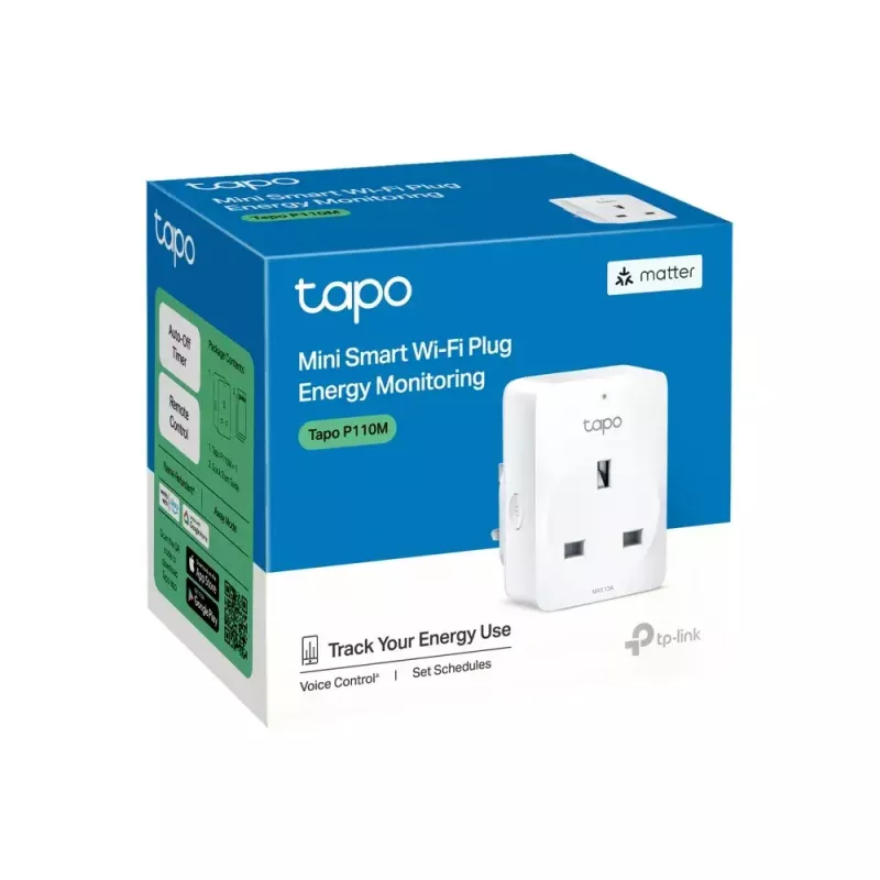 Tomada inteligente TP‑Link Tapo Mini P110M — tomada inteligente Wi‑Fi/Bluetooth para interiores, 16 A, 100–240 V, 3680 W, branco