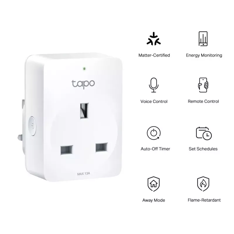 Tomada inteligente TP‑Link Tapo Mini P110M — tomada inteligente Wi‑Fi/Bluetooth para interiores, 16 A, 100–240 V, 3680 W, branco