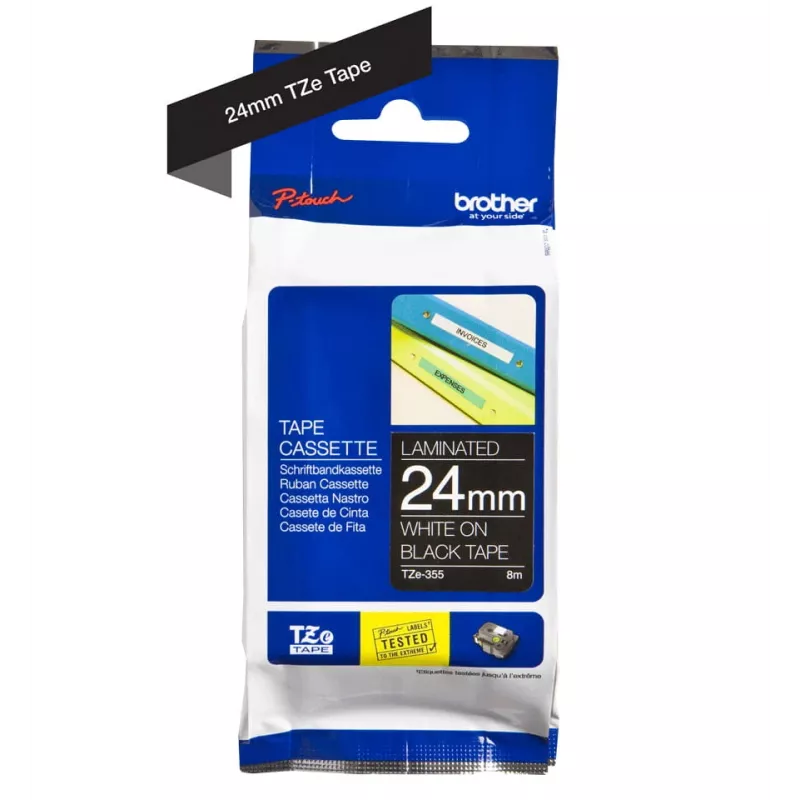 Fita de etiquetagem Brother TZe355 24mm branco sobre preto
