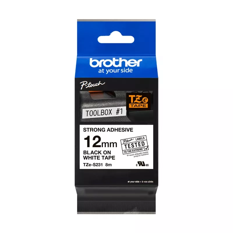Fita adesiva Brother TZeS231 preto sobre branco 1,2 cm 8 m