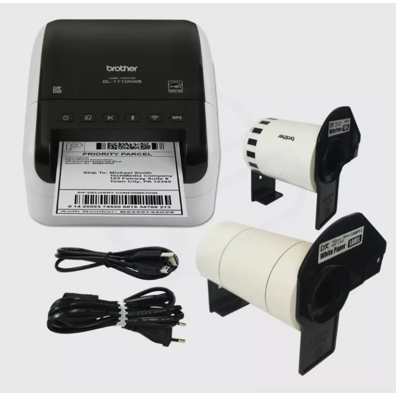 Brother QL-1110NWB, DK, Térmica direta, 300 x 300 DPI, 110 mm/s, Com fios & Sem fios, Preto, Branco