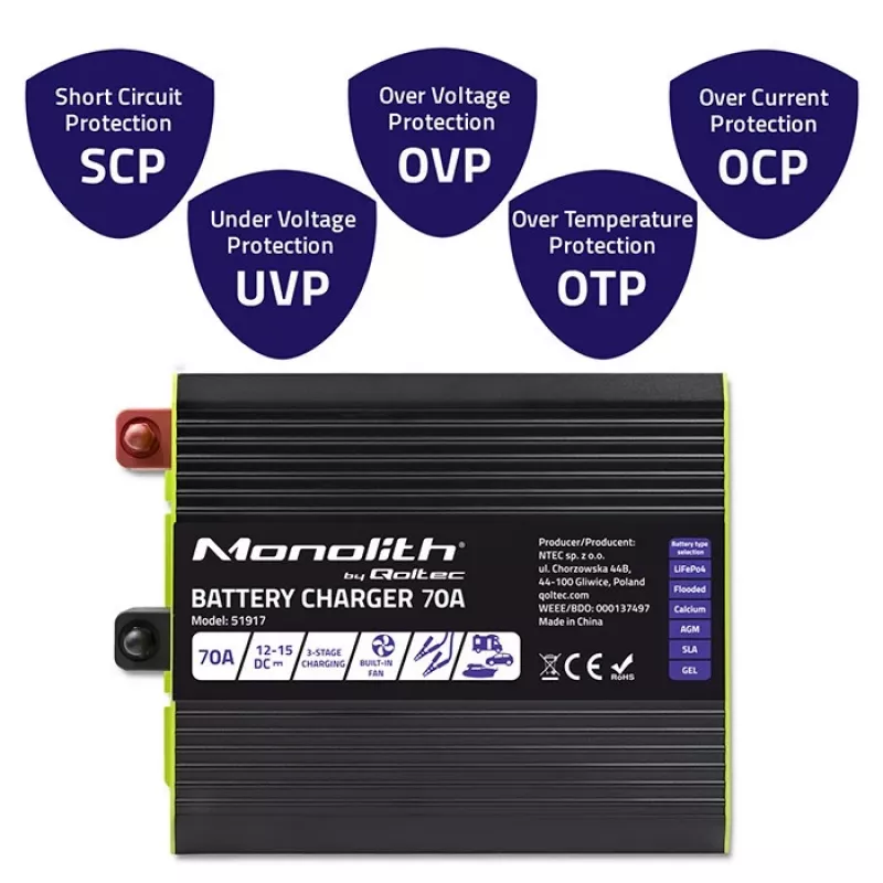 Carregador de baterias QOLTEC 51917 para baterias LiFePO4/AGM/GEL/SLA, 70 A de saída