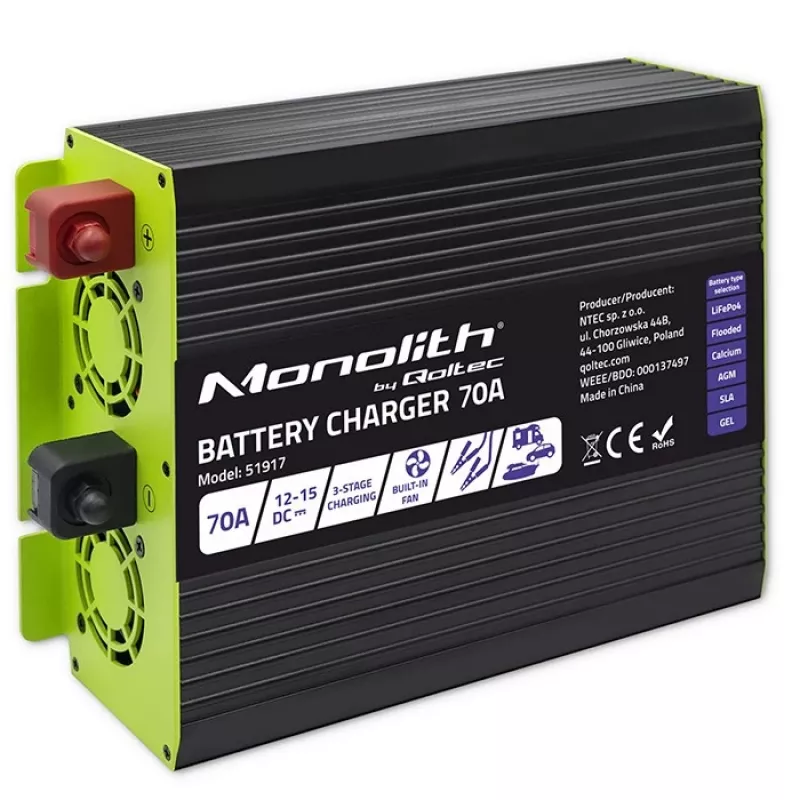 Carregador de baterias QOLTEC 51917 para baterias LiFePO4/AGM/GEL/SLA, 70 A de saída