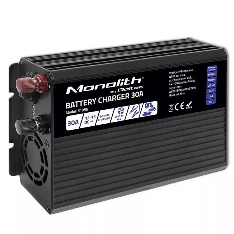 Carregador de baterias QOLTEC 51955 — 30A 12V para LiFePO4, AGM, GEL, SLA