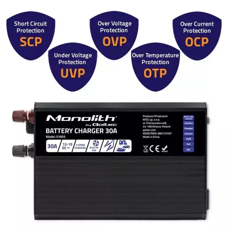 Carregador de baterias QOLTEC 51955 — 30A 12V para LiFePO4, AGM, GEL, SLA