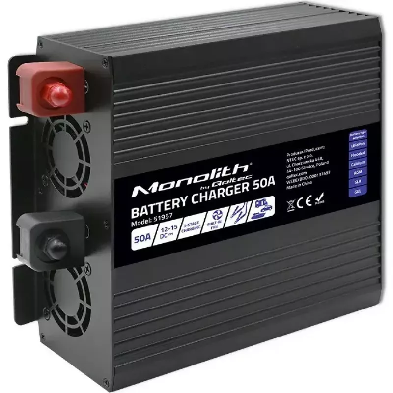 Carregador de baterias QOLTEC 51957 50A 12V para baterias LiFePO4, AGM, GEL, SLA