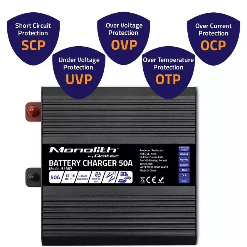 Carregador de baterias QOLTEC 51957 50A 12V para baterias LiFePO4, AGM, GEL, SLA
