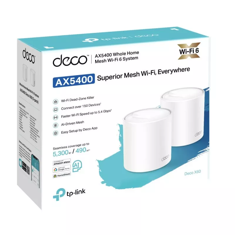 Router sem fios | TP-LINK | Router sem fios | pack de 2 | 5400 Mbit/s | Mesh | IEEE 802.11a | IEEE 802.11n | IEEE 802.11ac | IEEE 802.11ax | 2x10/100/1000M | DECOX60(2-PACK)
