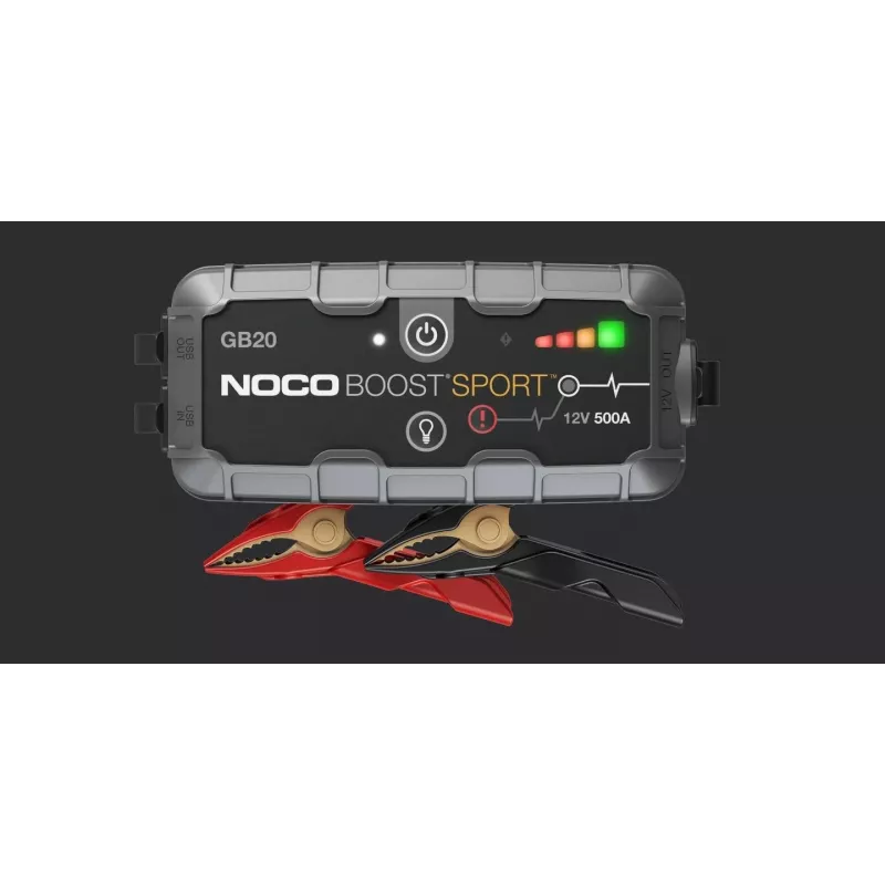 Aparelho de arranque NOCO GB20 500A iões de lítio, 24Wh, IP65, 1x USB 5V/2.1A, lanterna integrada, para motores a gasolina até 4L