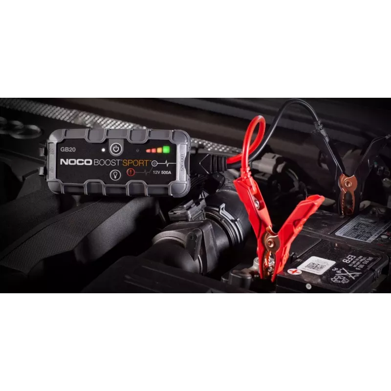 Aparelho de arranque NOCO GB20 500A iões de lítio, 24Wh, IP65, 1x USB 5V/2.1A, lanterna integrada, para motores a gasolina até 4L