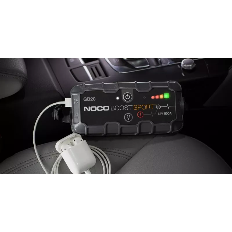 Aparelho de arranque NOCO GB20 500A iões de lítio, 24Wh, IP65, 1x USB 5V/2.1A, lanterna integrada, para motores a gasolina até 4L