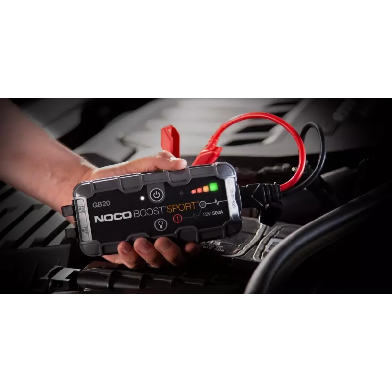 Aparelho de arranque NOCO GB20 500A iões de lítio, 24Wh, IP65, 1x USB 5V/2.1A, lanterna integrada, para motores a gasolina até 4L