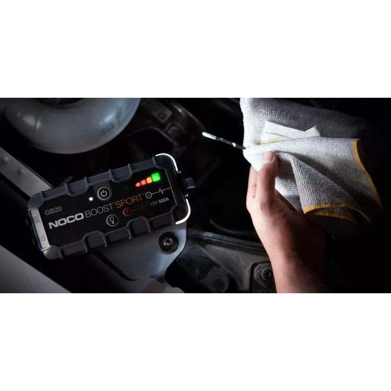 Aparelho de arranque NOCO GB20 500A iões de lítio, 24Wh, IP65, 1x USB 5V/2.1A, lanterna integrada, para motores a gasolina até 4L