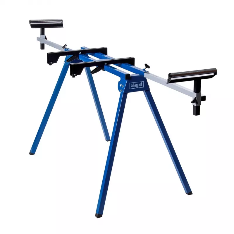 Suporte para serra de esquadria Scheppach UMF1550, suporte metálico de 4 pernas, capacidade máx. 150 kg, comprimento máx. 194,5 cm, tamanho 950×540×810 mm, preto