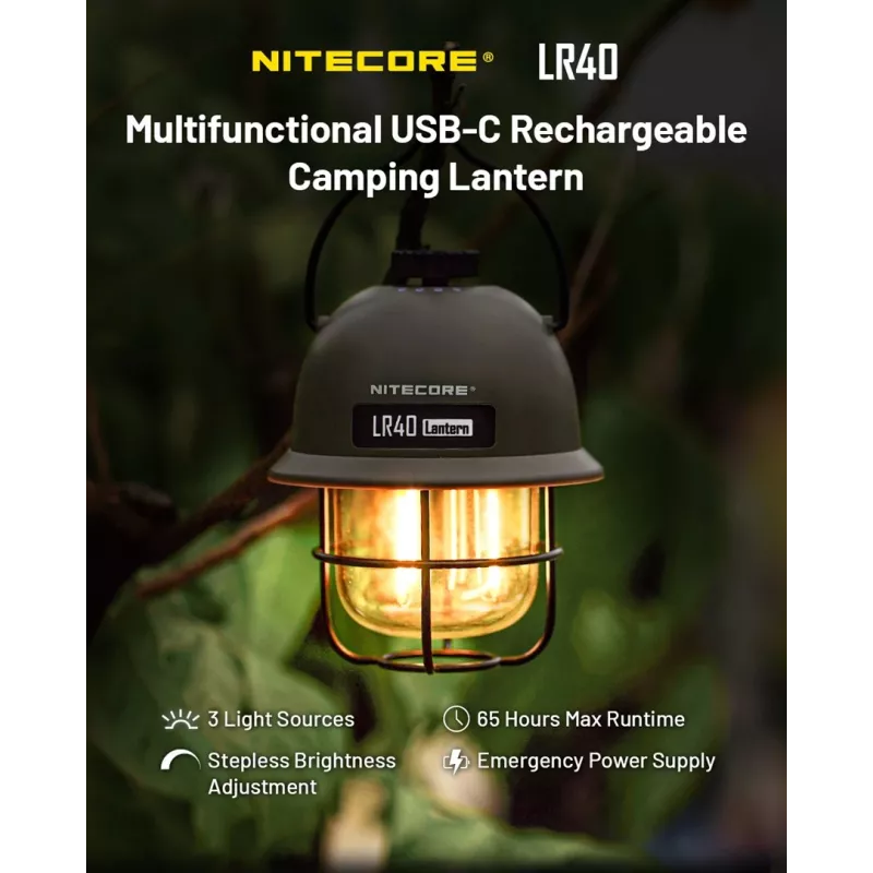 Lanterna de campismo alimentada por USB Nitecore LR40 100 lm verde-azeitona