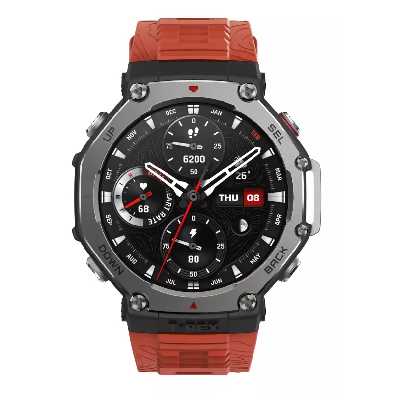 Smartwatch Amazfit T-Rex 3 Lava — AMOLED de 1,5 polegadas, 480×480, GPS, 700 mAh, 32 GB, caixa em aço inoxidável, bracelete de silicone