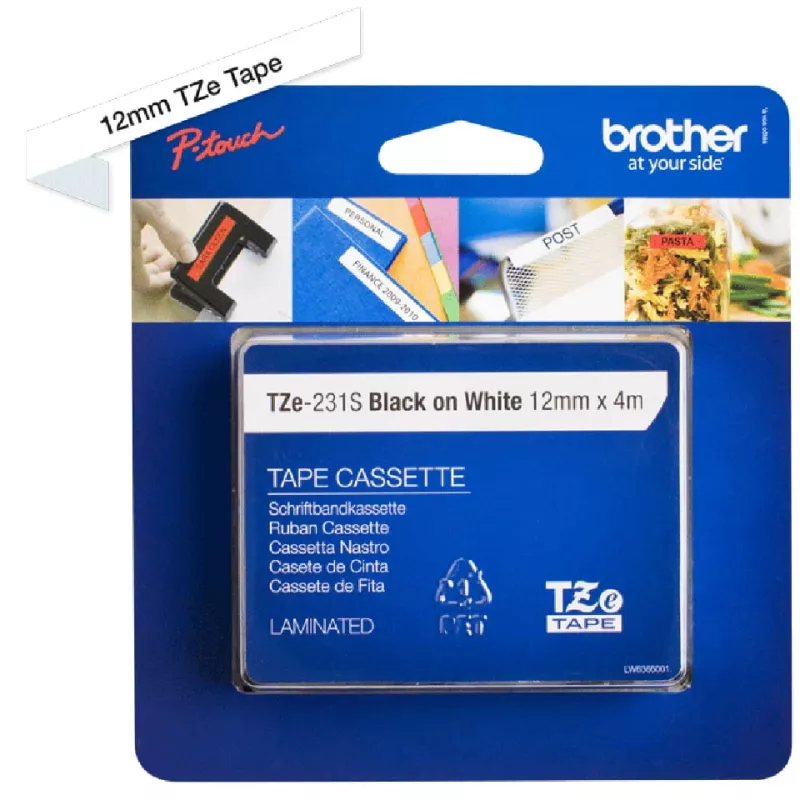 Brother TZe231S - fita laminada - preto sobre branco - rolo (1,2 cm x 4 m) 1 rolo(s) - para P-Touch PT-1010, 1080, 1090, 1230, 1280, 1290, 2100, 243