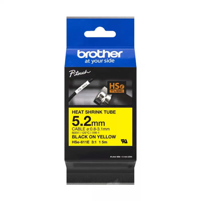 Brother HSe-611E tubo termoretrátil, 5,2 mm x 1,5 m, preto sobre amarelo