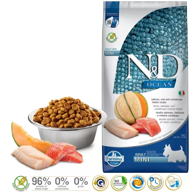 FARMINA N&D Ocean Dog Salmon, Cod, Cantaloupe, Melon Adult Mini - Alimento seco para cães - 7 kg