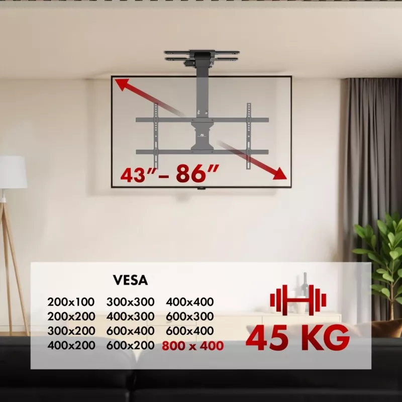 Suporte de teto para TV MACLEAN MC-110 T para televisores de 43–86 polegadas, VESA até 800×400, carga máx. 45 kg
