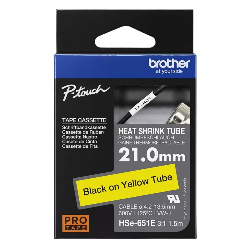 Brother HSe-651E tubo termoretrátil, 21 mm x 1,5 m, preto sobre amarelo