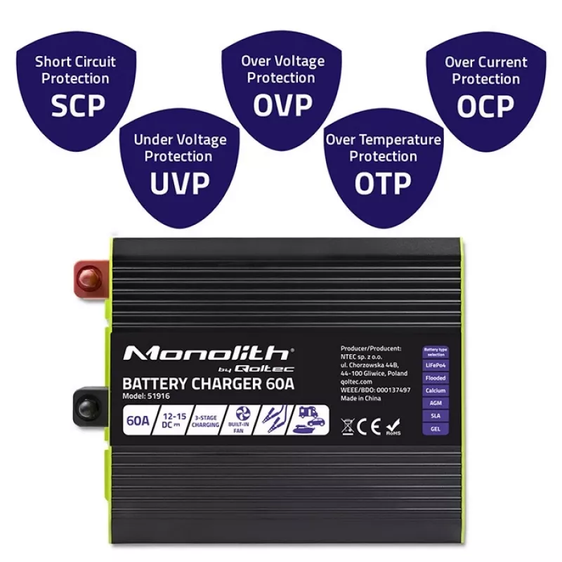 Carregador de baterias QOLTEC 51916 60A 12V para baterias LiFePO4, AGM, GEL, SLA