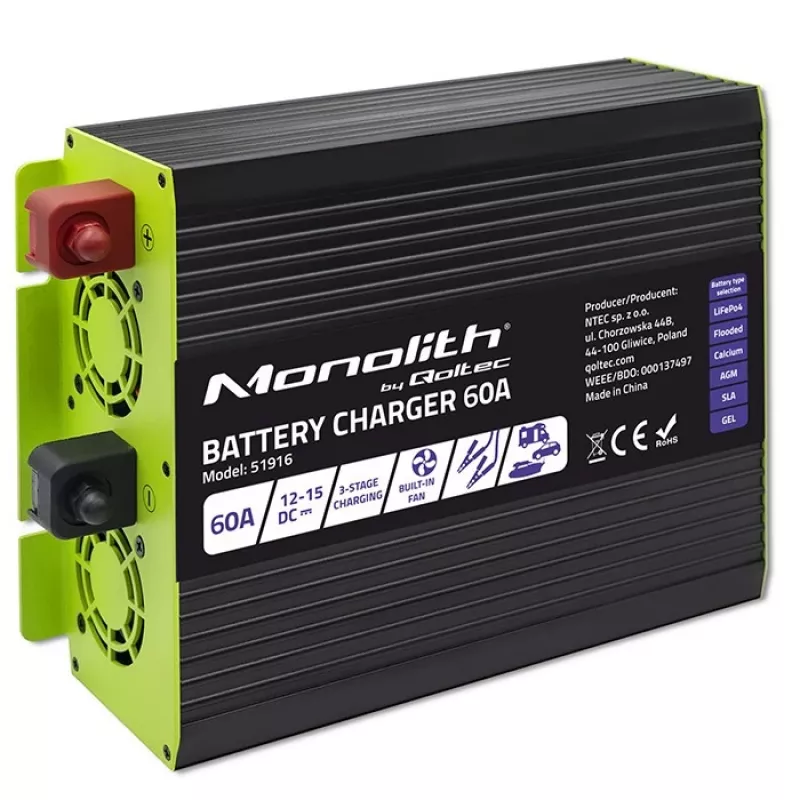Carregador de baterias QOLTEC 51916 60A 12V para baterias LiFePO4, AGM, GEL, SLA