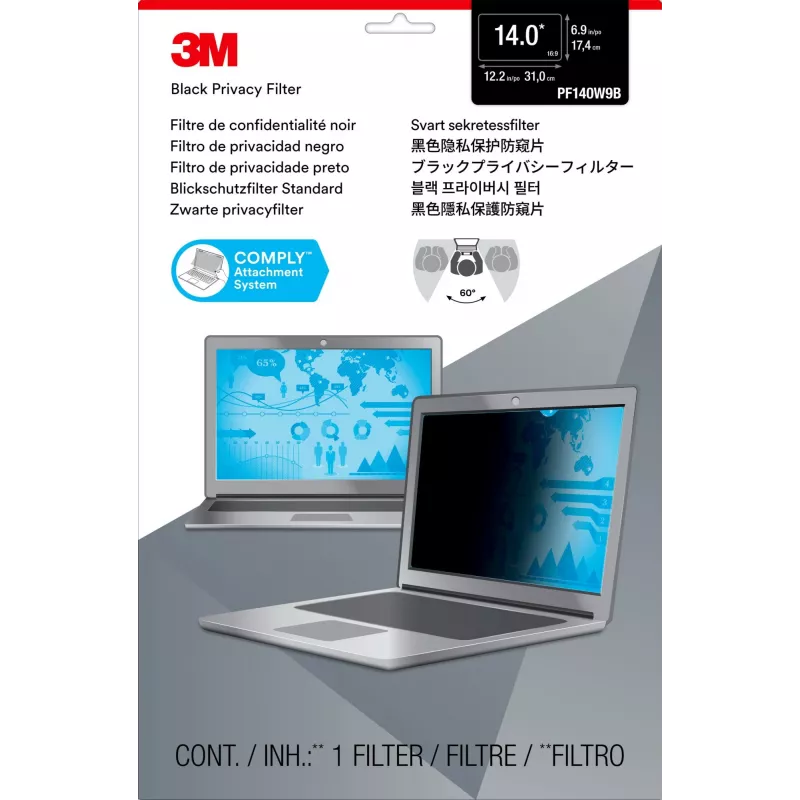 Filtro de privacidade 3M para portátil widescreen 14,0 com sistema de fixação COMPLY - filtro de privacidade para portátil - 35,6 cm widescreen (14 widescreen) - preto (7100210599)