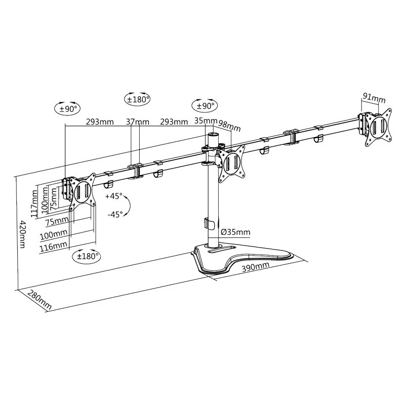 Suporte para três monitores LOGILINK BP0174 17-27 polegadas, comprimento do braço 658 mm cada, com suporte para smartphone, alumínio
