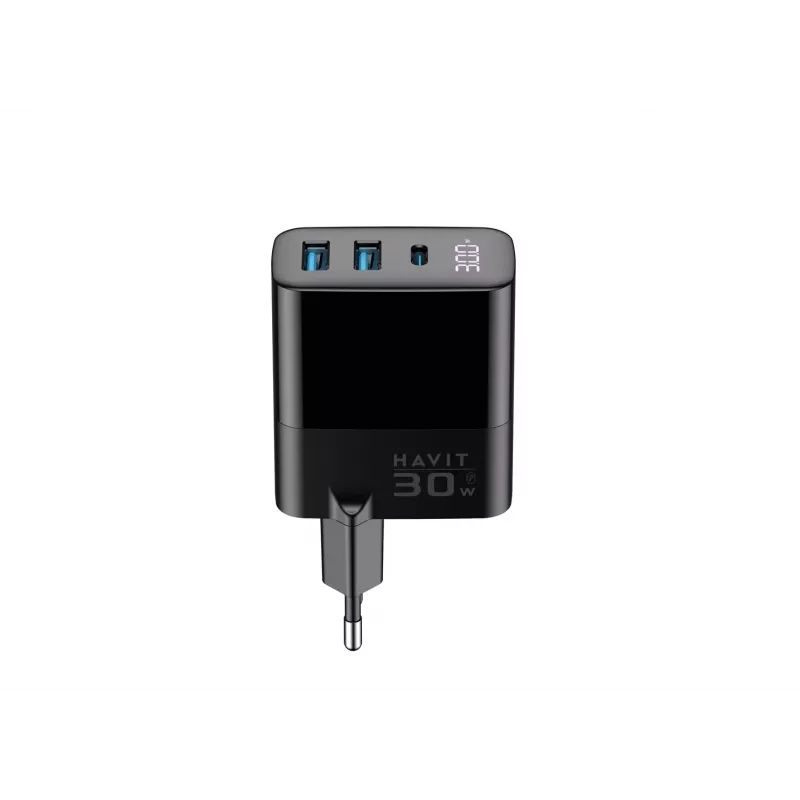 Carregador HAVIT UCLE001 EU GaN três portas 30 W preto — carregador USB compacto com 3 ligações