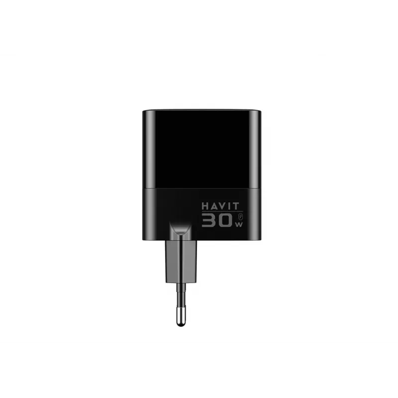 Carregador HAVIT UCLE001 EU GaN três portas 30 W preto — carregador USB compacto com 3 ligações
