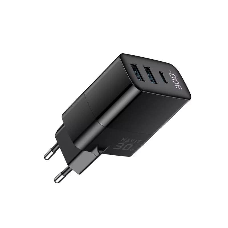 Carregador HAVIT UCLE001 EU GaN três portas 30 W preto — carregador USB compacto com 3 ligações