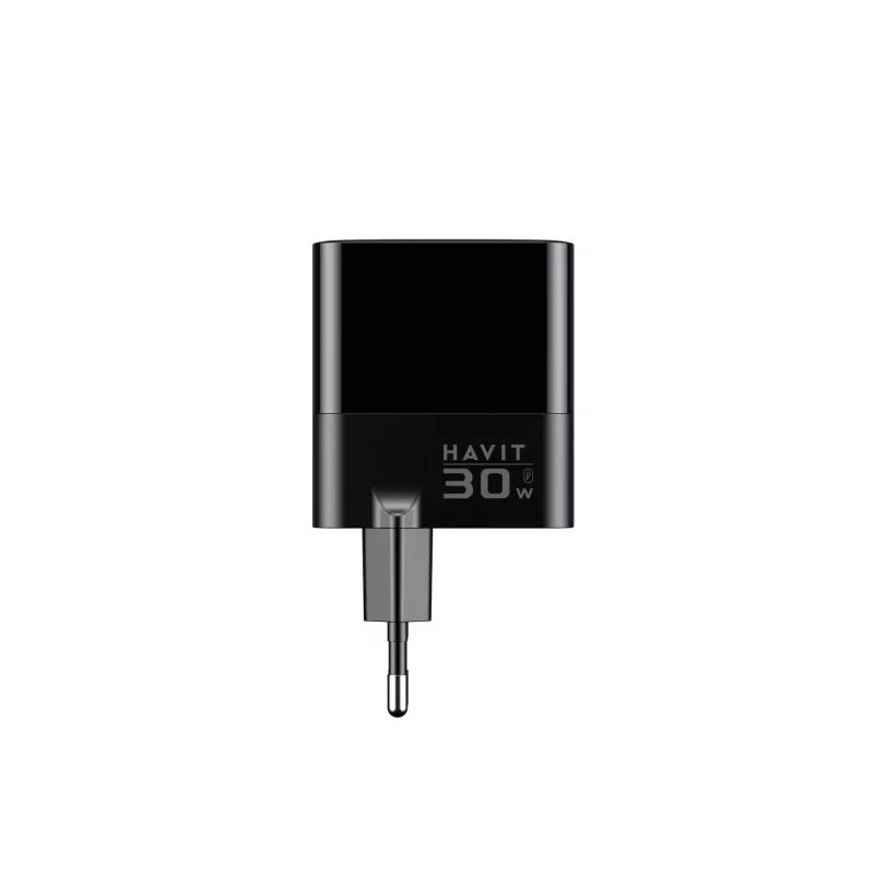 Carregador HAVIT UCLE001 EU GaN três portas 30 W preto — carregador USB compacto com 3 ligações