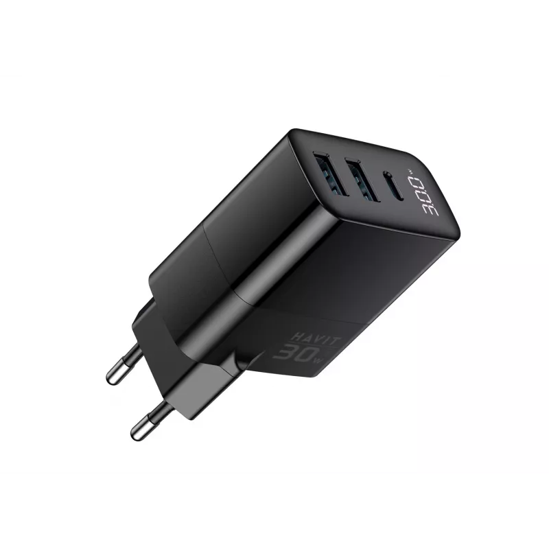 Carregador HAVIT UCLE001 EU GaN três portas 30 W preto — carregador USB compacto com 3 ligações
