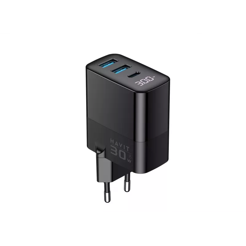 Carregador HAVIT UCLE001 EU GaN três portas 30 W preto — carregador USB compacto com 3 ligações