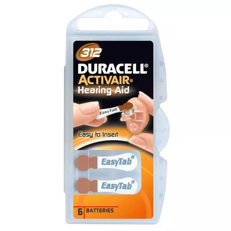Pilhas de botão Duracell A312 zinco-ar, pack de 6 para aparelhos auditivos e pequenos dispositivos áudio